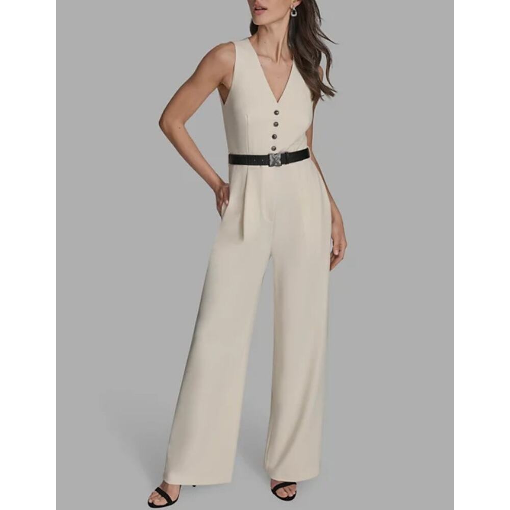 BCBG Women's Belted V-Neck Sleeveless Jumpsuit Beige Size 6
